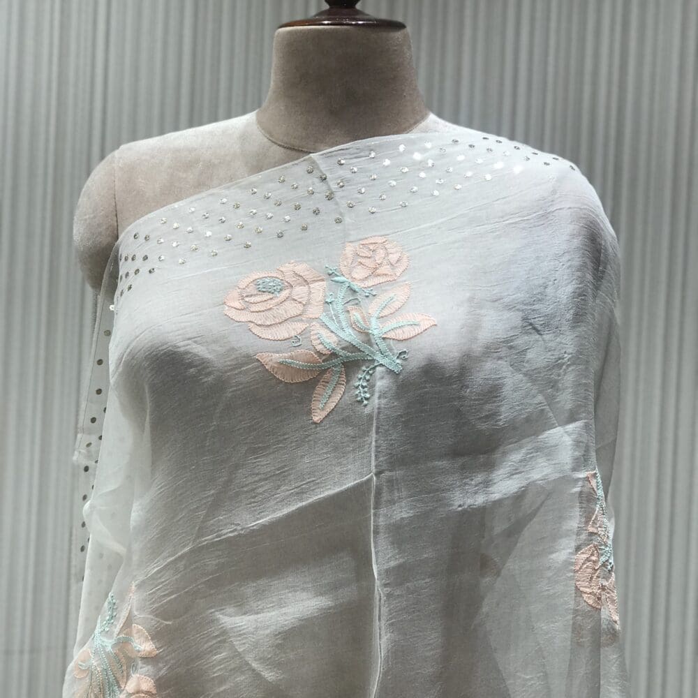 STC2911-ORGANZA SILK EMB MUKAISH DYEABLE DUPATTA-STC2911-1 Embroidered Mukaish Dupatta | Organza Silk