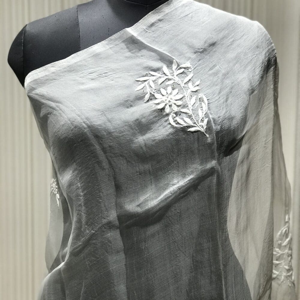 STC3756-ORGANZA SILK CHIKANKARI WITH MUKAISH WORK DYEABLE DUPATTA-STC3756-1 Chikankari Dupatta | Organza Silk